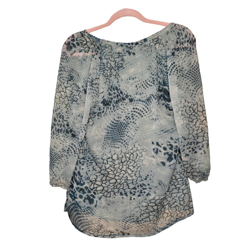 Maheb Women's Blue Patterned Sheer Blouse LG Lined Bodice 3/4 Sleeves - Picture 6 of 6